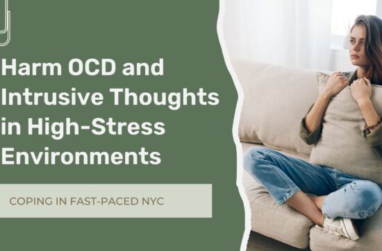 Person experiencing anxiety and intrusive thoughts while walking through New York City, illustrating the impact of Harm OCD in a fast-paced urban environment.