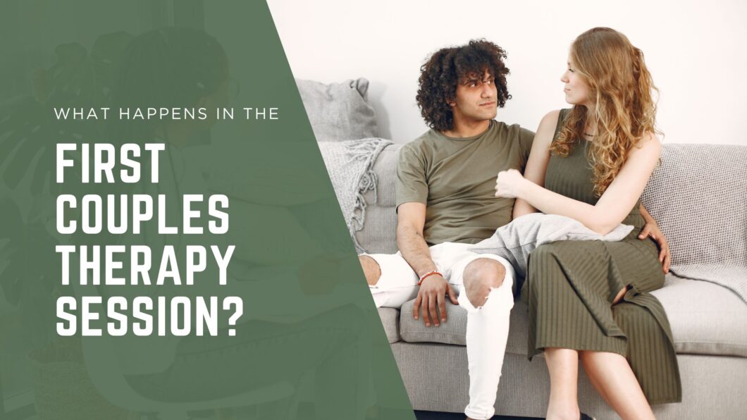 Couple sitting together before their first couples therapy session, illustrating what to expect during an initial relationship counseling appointment.