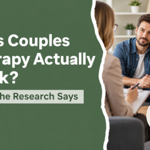 Couples therapy session showing a couple with a therapist and research findings about its effectiveness.