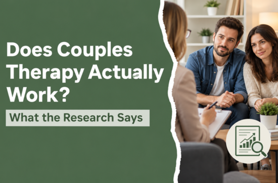 Couples therapy session showing a couple with a therapist and research findings about its effectiveness.