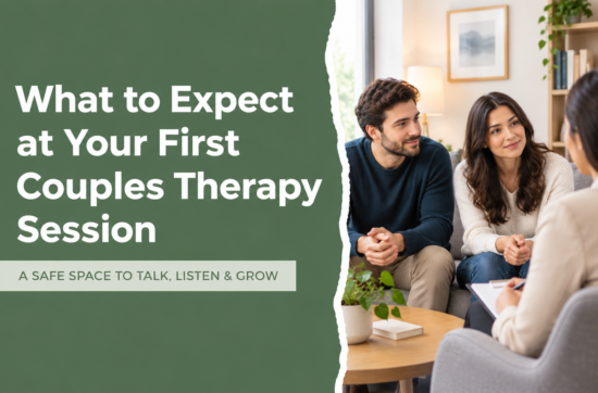 Couple attending their first couples therapy session with a therapist.