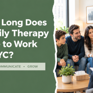 Family therapy session with parents, children, and a therapist.