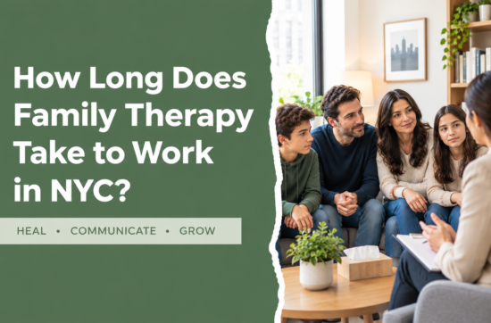 Family therapy session with parents, children, and a therapist.