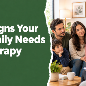 Family therapy session with parents and children meeting with a therapist, with text reading “7 Signs Your Family Needs Therapy.