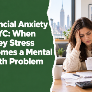 Woman experiencing financial anxiety while reviewing bills and expenses in New York City
