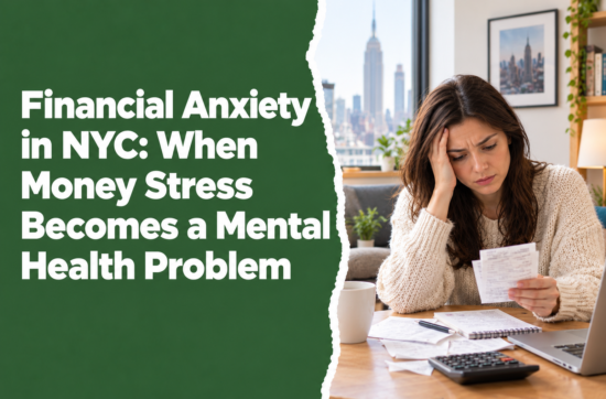 Woman experiencing financial anxiety while reviewing bills and expenses in New York City
