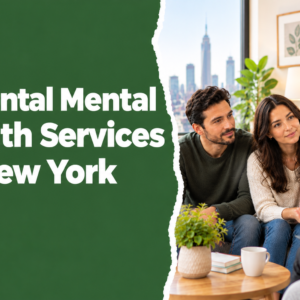 Parental mental health services in New York with parents and child speaking with a therapist in a warm counseling setting.