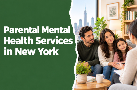 Parental mental health services in New York with parents and child speaking with a therapist in a warm counseling setting.