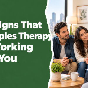 10 signs that couples therapy is working, featuring a couple speaking with a therapist in a welcoming counseling office.