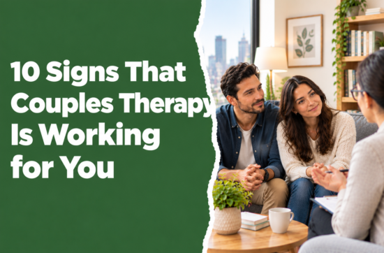 10 signs that couples therapy is working, featuring a couple speaking with a therapist in a welcoming counseling office.