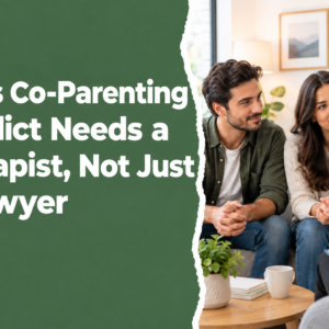 “Graphic with the headline ‘Signs Co-Parenting Conflict Needs a Therapist, Not Just a Lawyer’ alongside a couple talking with a therapist in a counseling room.”