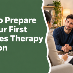 How to Prepare for Your First Couples Therapy Session – A couple wearing navy blue and pink outfits discussing their relationship with a therapist in a warm, comfortable counseling office.