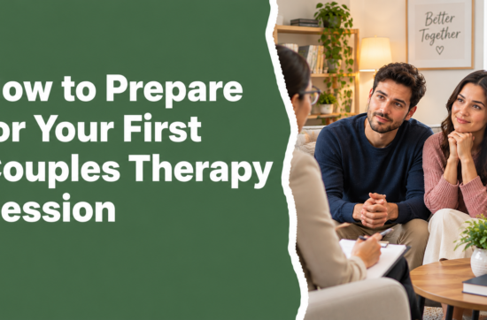 How to Prepare for Your First Couples Therapy Session – A couple wearing navy blue and pink outfits discussing their relationship with a therapist in a warm, comfortable counseling office.