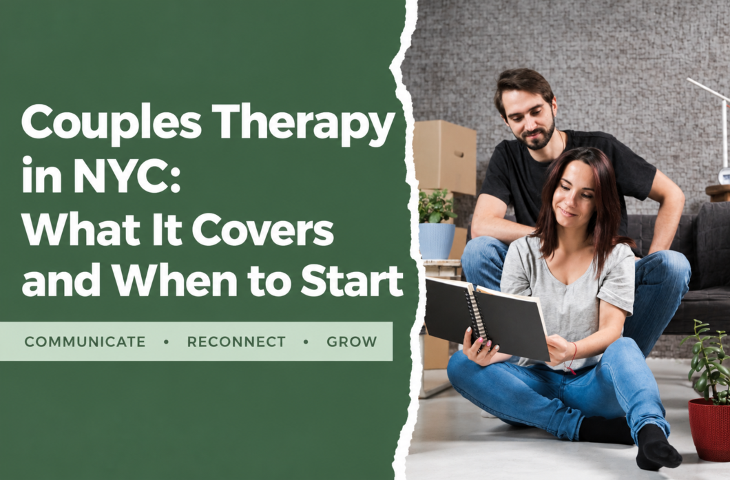 Couple reviewing a notebook together at home, illustrating couples therapy in NYC, relationship communication, and rebuilding connection.