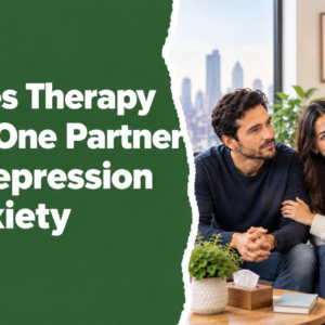 Couples therapy for relationships affected by one partner’s depression or anxiety, with a couple talking to a therapist in a supportive counseling setting.