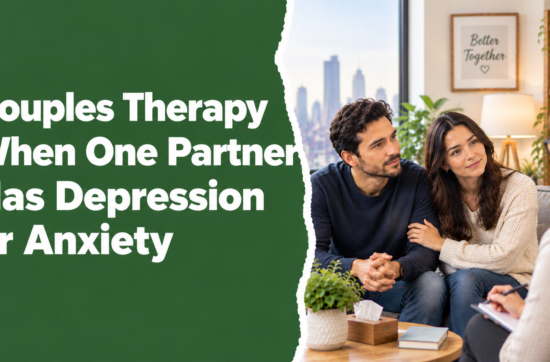 Couples therapy for relationships affected by one partner’s depression or anxiety, with a couple talking to a therapist in a supportive counseling setting.