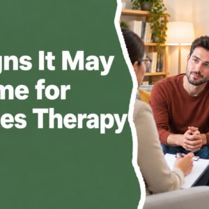 10 Signs It May Be Time for Couples Therapy – A couple wearing a rust-brown sweater and a white striped sweater discussing relationship concerns with a therapist in a warm, comfortable counseling office.