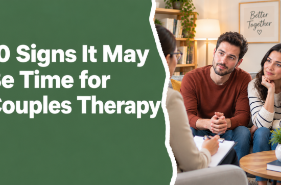 10 Signs It May Be Time for Couples Therapy – A couple wearing a rust-brown sweater and a white striped sweater discussing relationship concerns with a therapist in a warm, comfortable counseling office.