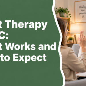 EMDR Therapy in NYC – A therapist guides a client through an EMDR therapy session in a comfortable office with a New York City skyline view.
