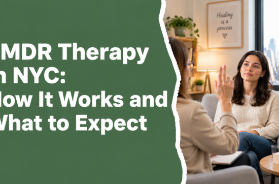 EMDR Therapy in NYC – A therapist guides a client through an EMDR therapy session in a comfortable office with a New York City skyline view.