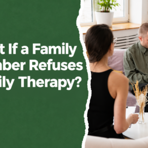 Family therapy session with a father and daughter speaking with a therapist, illustrating support when a family member is hesitant to attend counseling.