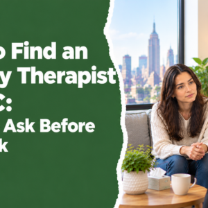 Anxiety therapist in NYC consulting with a client in a welcoming therapy office, illustrating questions to ask before booking an appointment.