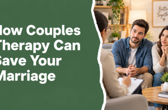 How Couples Therapy Can Save Your Marriage – A couple discussing relationship challenges with a therapist in a warm, comfortable counseling office.