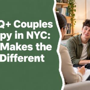 LGBTQ+ Couples Therapy in NYC – A same-sex couple wearing olive green and mustard yellow outfits talking with a therapist in a welcoming, inclusive counseling office.
