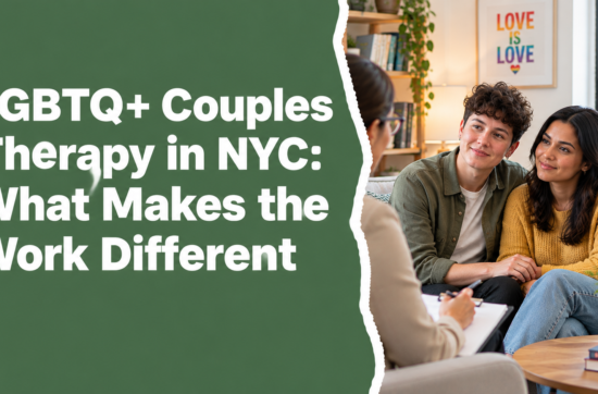 LGBTQ+ Couples Therapy in NYC – A same-sex couple wearing olive green and mustard yellow outfits talking with a therapist in a welcoming, inclusive counseling office.