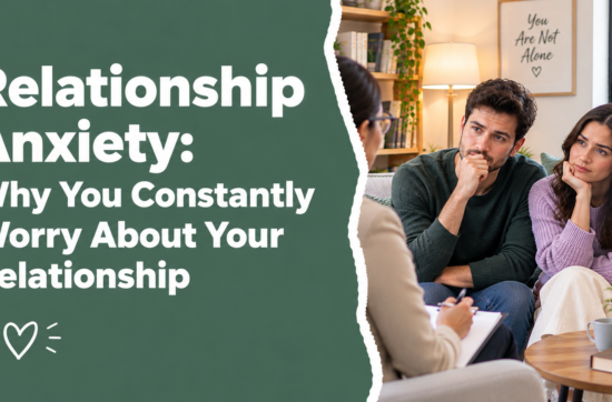 Relationship Anxiety – A worried couple wearing dark green and lavender sweaters discussing relationship concerns with a therapist in a warm, comfortable counseling office.