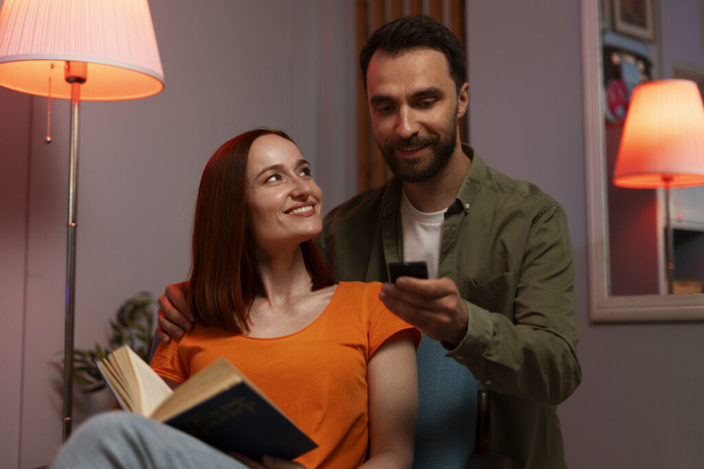 Couple spending quality time together at home, sharing a warm and happy moment.